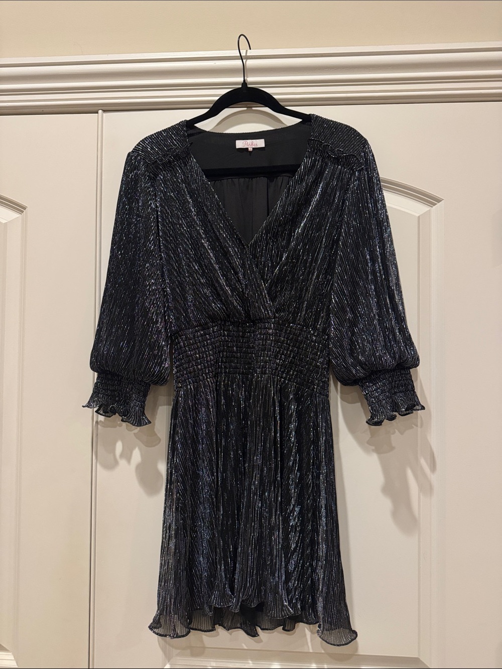 Parker Metallic Black Mini Dress with Smocked Waist